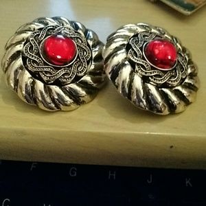 Large round clip earrings with red